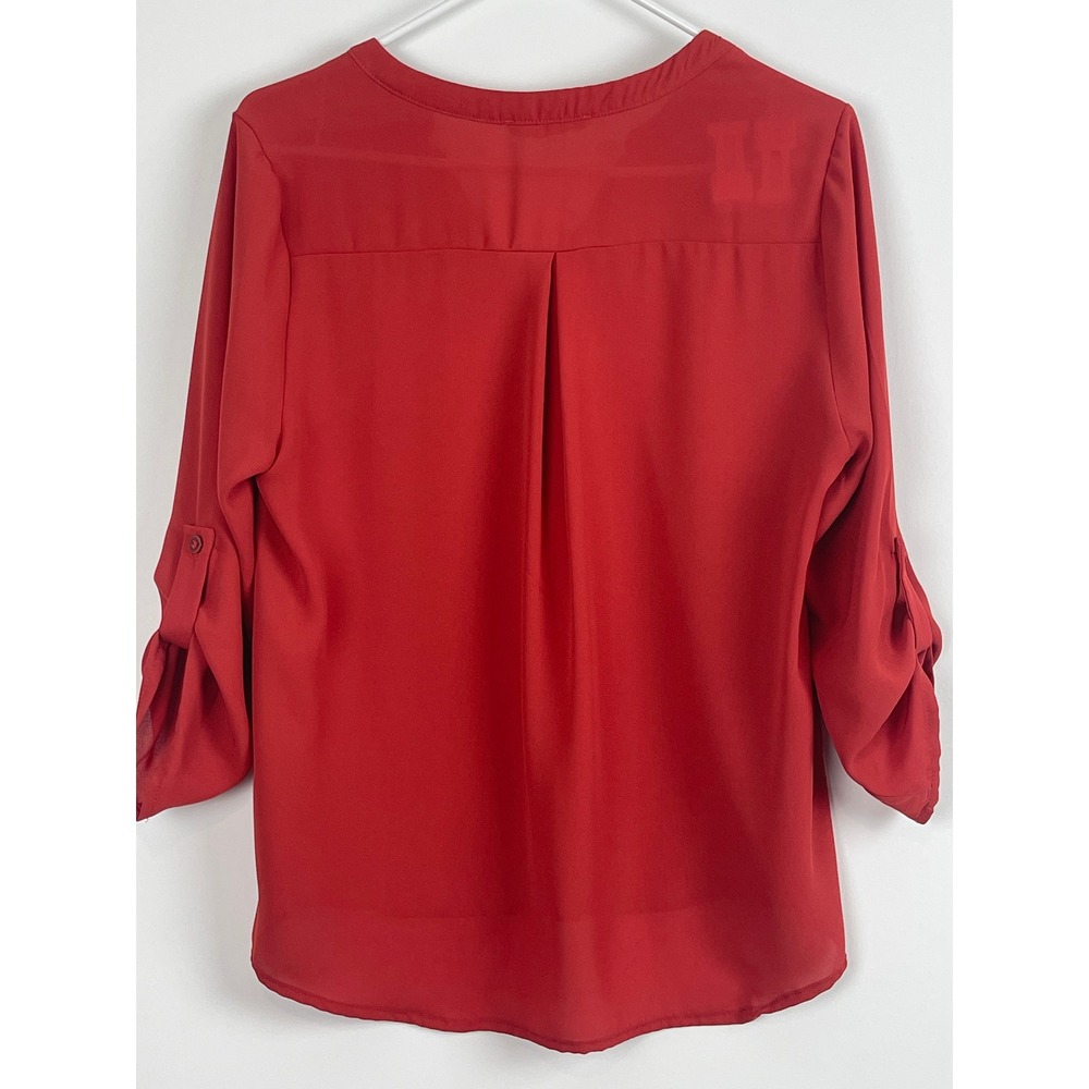 00748 Pink Rose Orange Roll Tab Sleeve V Neck High Low Blouse‎ Women Medium - Picture 6 of 8